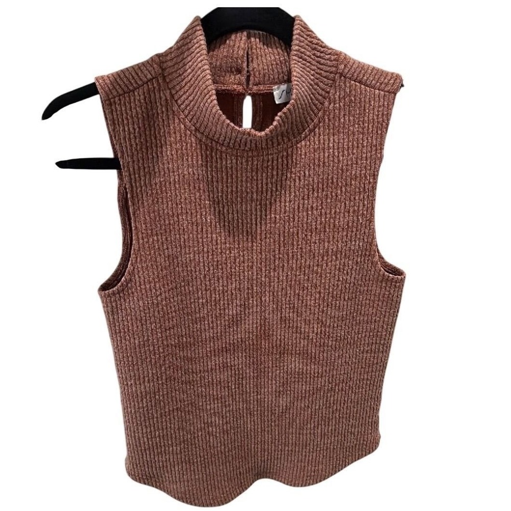 She + Sky Ribbed Mock Neck Sweater Tank Top Mauve Brown Sleeveless Knit Size S